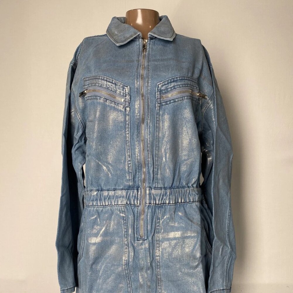NEW VEVERET Denim Zip-Up Jumper Dress • Size L • Blue/Silver • Mini